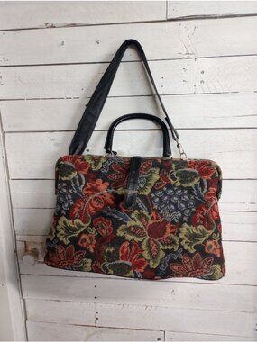 Vintage Large Floral Tapestry Satchel Bag Black Handles Mary Poppins Style